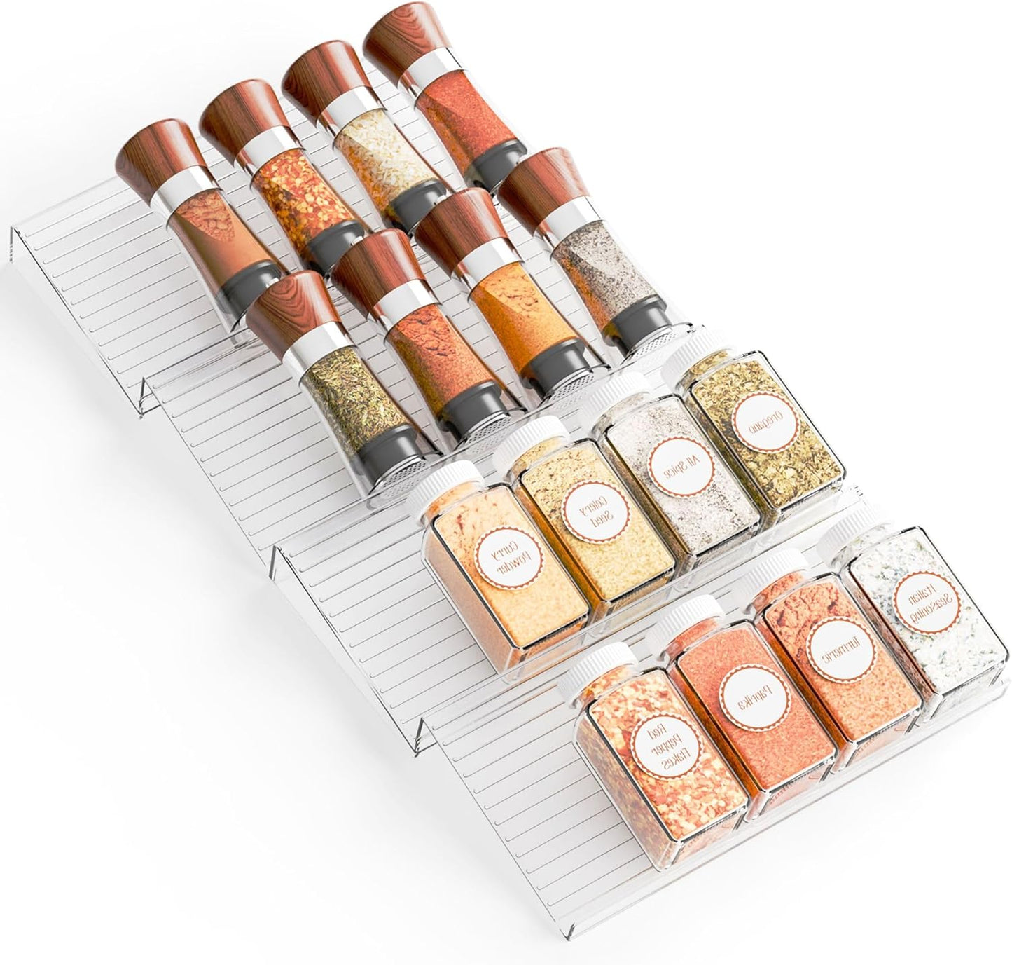 Yieach 8 Pack Adjustable In Drawer Spice Organizer - Expandable From 11'' to 22'' - Acrylic Drawer Seasoning Organizer,Clear Spice Organization Tray for Cabinet Drawers Condiment,Nail Polish and Jar