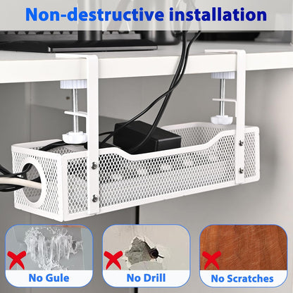 Under Desk Cable Management Box 25.3 Inch – Clamp-Mounted Cable Organizer Tray, Large Cord Management Box for Office & Home, Wire Organizer Under Desk Storage, White