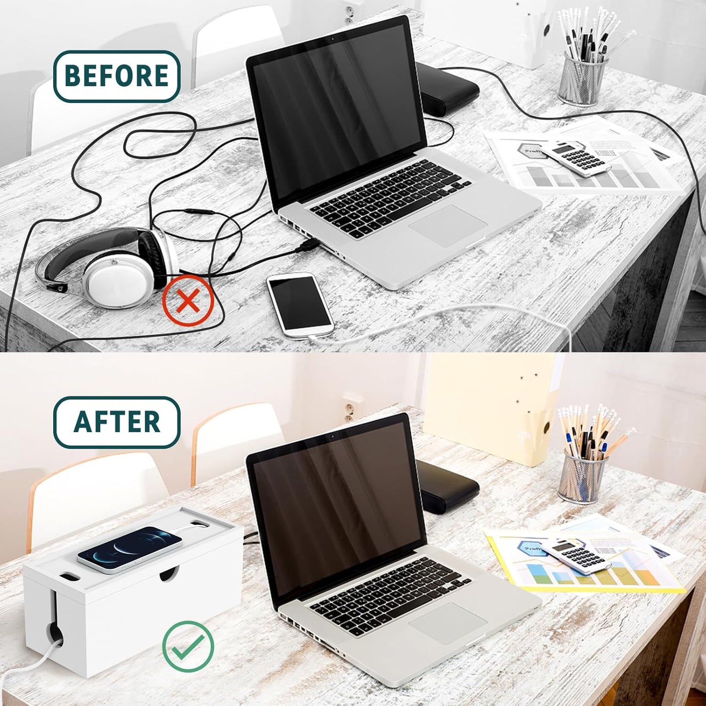 Bamboo Cable Management Box, Large Cord Organizer Box Cable Box to Hide Wires & Power Strips for Desktop Storage Cord Holder for Office Home,No Assembley Required (All White, Large)