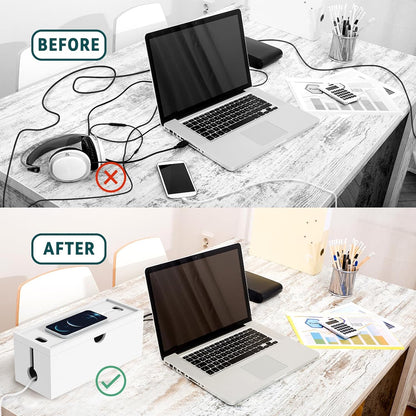 Bamboo Cable Management Box, Large Cord Organizer Box Cable Box to Hide Wires & Power Strips for Desktop Storage Cord Holder for Office Home,No Assembley Required (All White, Large)