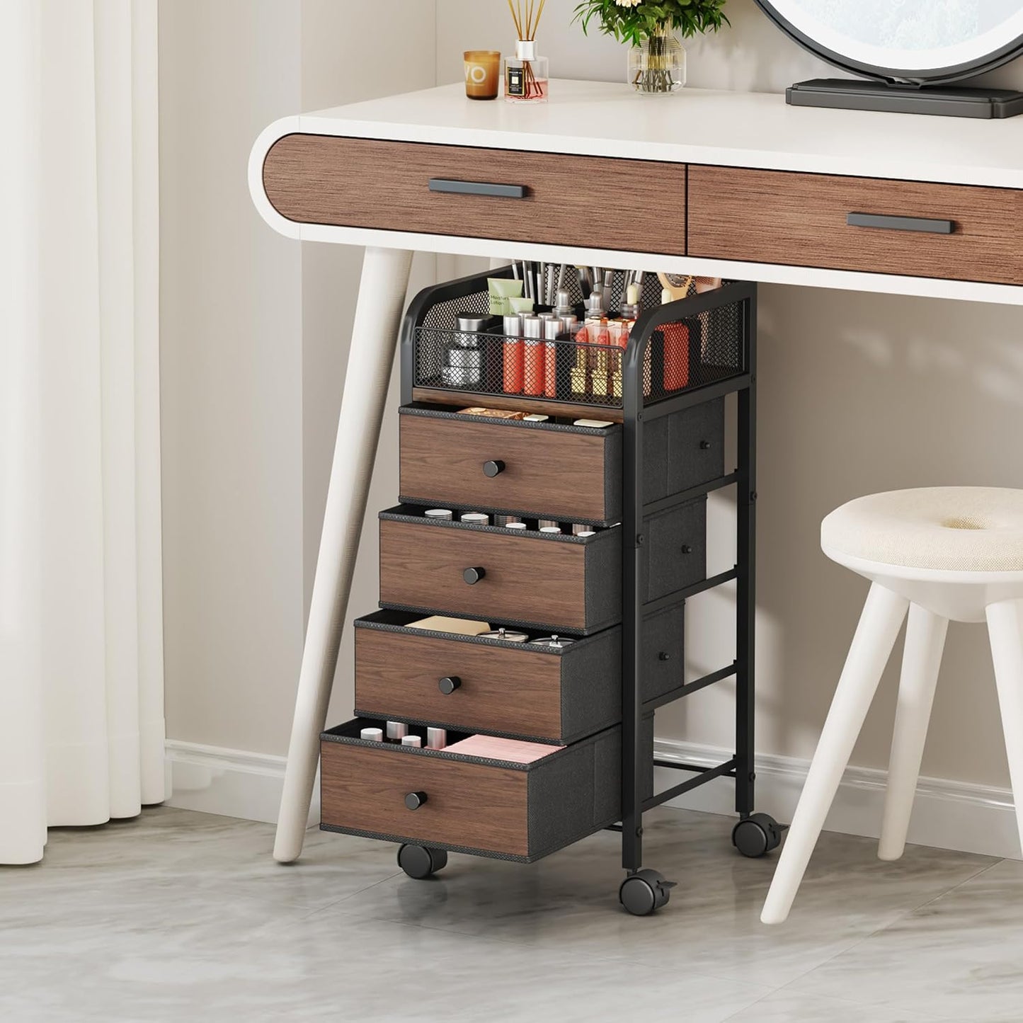 SWTYMIKI Rolling Makeup Organizer Cart - Under Desk Vanity Makeup Storage with 3 Non-woven Drawers, Nail Cart Organizer Cosmetic Display Cases Cabinet for Skin Care Perfume Nail Polish Brush Hair Tool