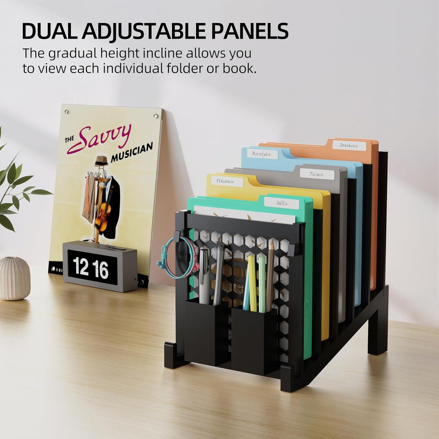 File Organizer for Desk with Storage Box & Hook, Inclined Desk File Organizer with 5-Section Vertical File Holder Suitable for Home Office Document Organization (Black)
