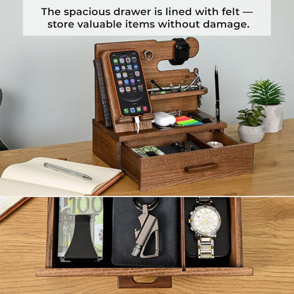 TESLYAR Wood Phone Docking Station with Drawer - Nightstand Organizer - Desk Organizer for Husband - Birthday Gifts for Men, Dad, Anniversary Idea, Key Holder Stand Watch & Accessories (Antique Brown)