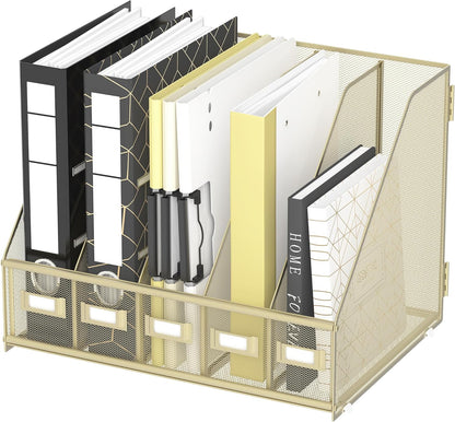DALTACK 5 Vertical Compartments Magazine File Holder, Binder Organizer, Metal Desk Organizers for Office Home School Classroom Organization, Black