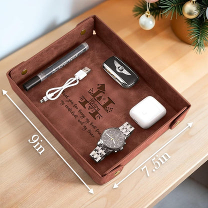 Engraved Leather Valet Tray for Men – Personalized Catchall with Custom Name for Desk, Dresser, Nightstand – Men's Organizer Tray for Keys, Wallet, Jewelry, Personalized Gift for Home, Office - Coffee