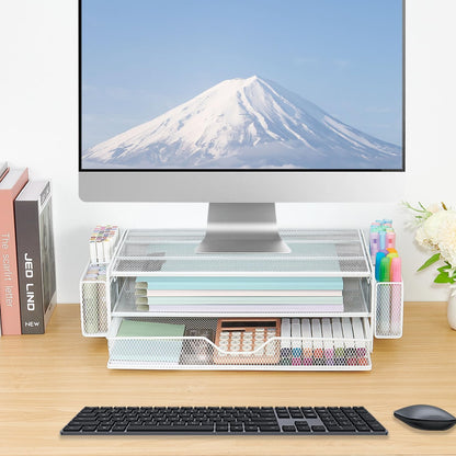 AUPSEN Wood Desk Organizers and Accessories, 2-Tier Computer Monitor Stand Riser with Drawer, Pen Storage & Phone Holder, Office Desk Accessories, Workspace Desktop Organization for Office Supplies（Brown）