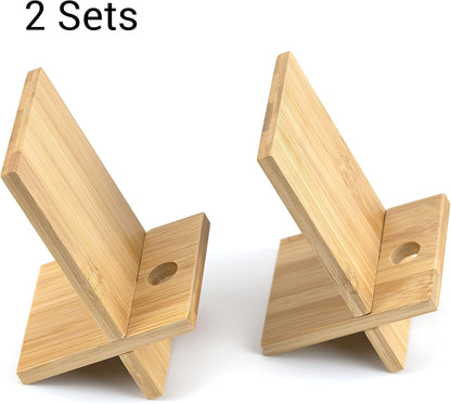 IFAMIO 2 Pack Bamboo Cell Phone Stand Wooden Phone Holder Tablet Desk Stand with Charging Hole Portable Phone Table Stand Desk Organizer Compatible with iPhone Smart Phone iPad Tablet