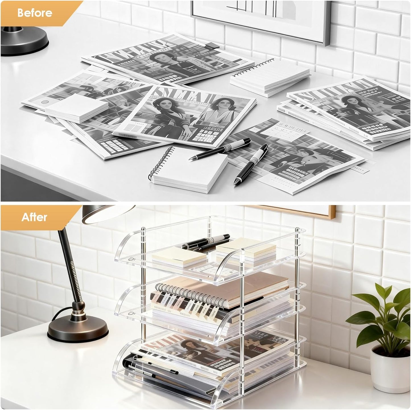 Desk Organizer and Storage,4-Tier Paper Letter Tray Organizers,Stackable Clear Desktop Organizer for Documents,Book Magazine Storage,Office Supplies, (Clear,4 Pack)
