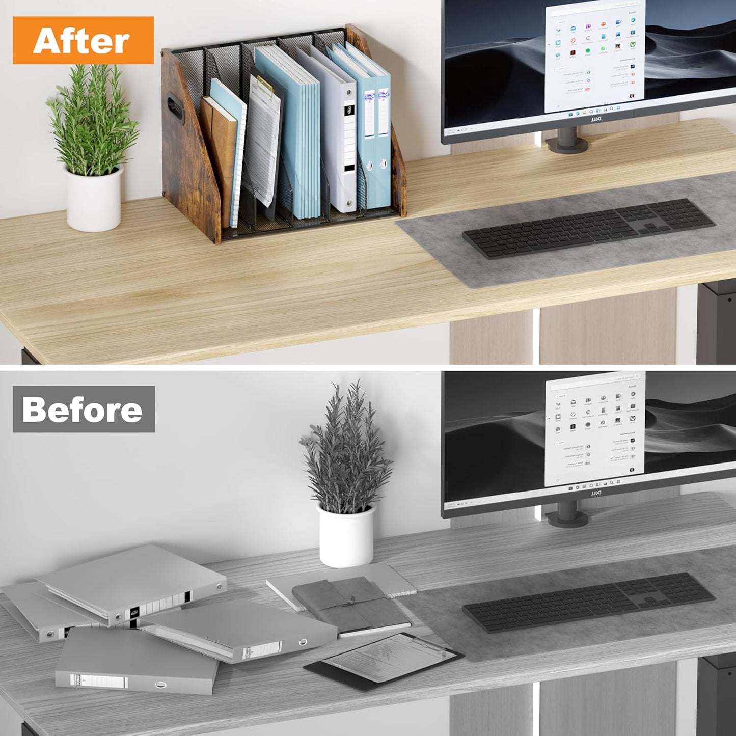 Piskyet Binder Organizer for Desk,Wooden Desk Magazine File Holder with 5 Vertical Compartments Rack File Organizer for Teacher Office Desktop,Home Workspace