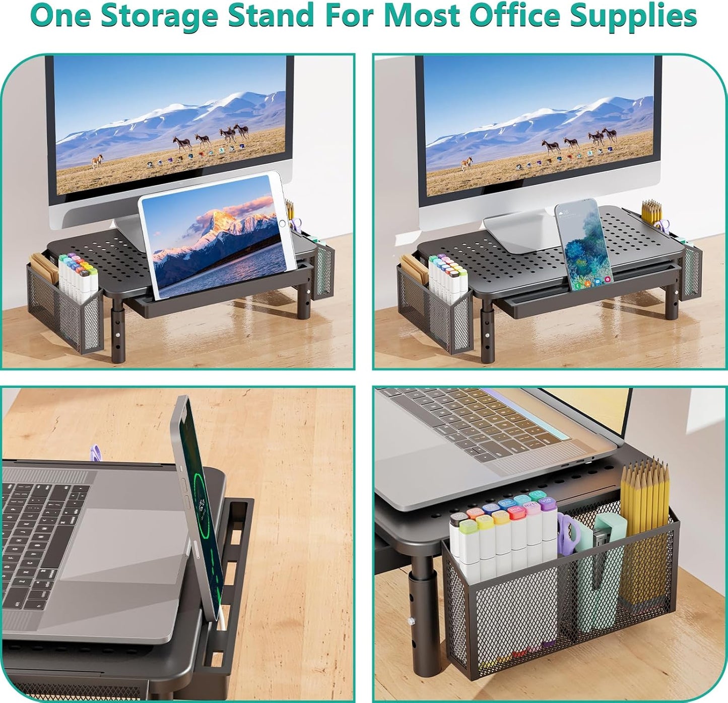 WALI Computer Monitor Stand with Storage, Desk Monitor Riser 3 Height Adjustable, Laptop Riser with Airflow Vents, Desk Organizer for Computer, Laptop, Printer (PTT002-B), 1 Pack, Black