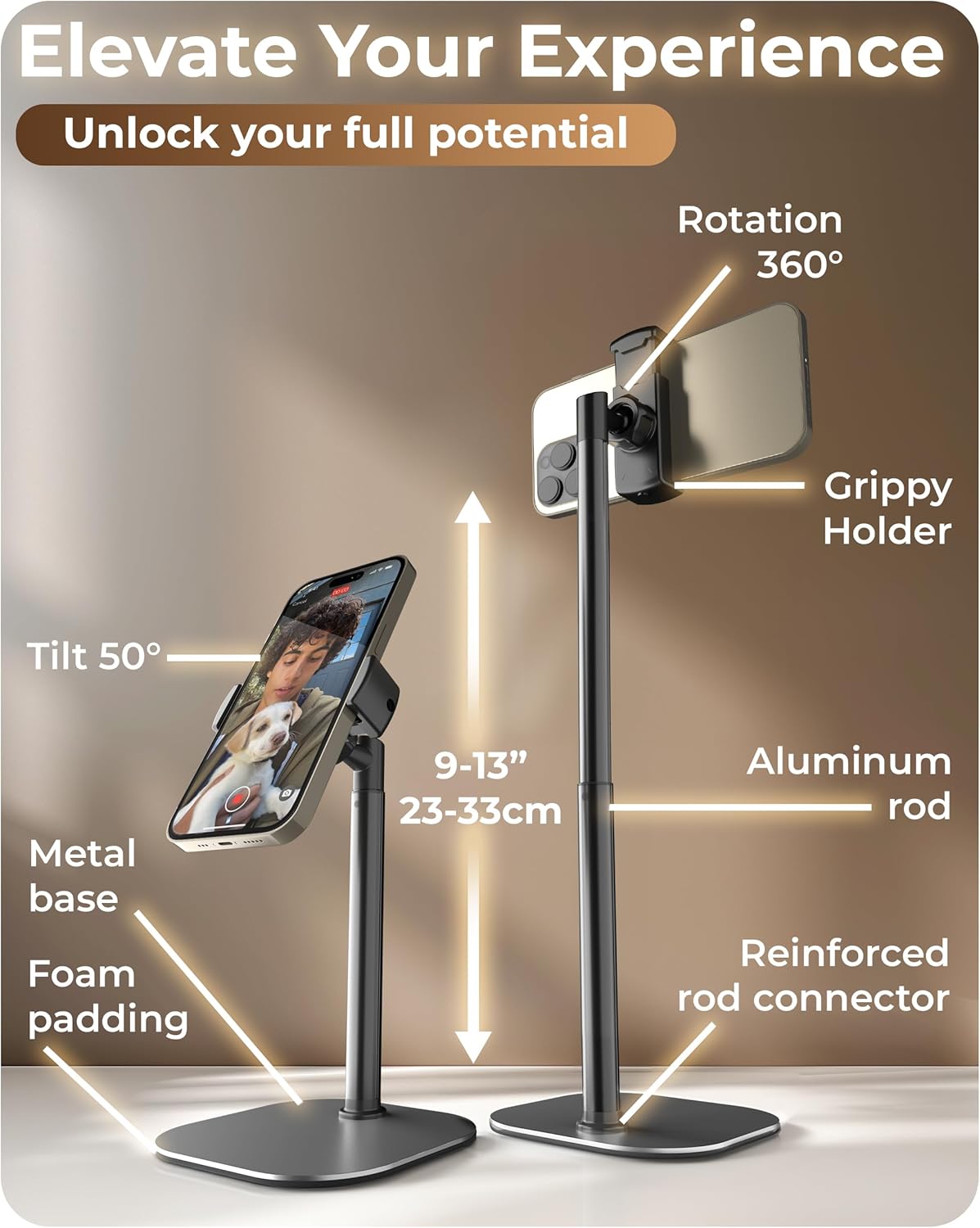 COOPER ChatStand, Adjustable Cell Phone Stand for Desk, Phone Stand for Recording, iPhone Holder for Filming, Small iPhone Tripod, Soporte para Celular, Fits Samsung, Android, (Night Black)