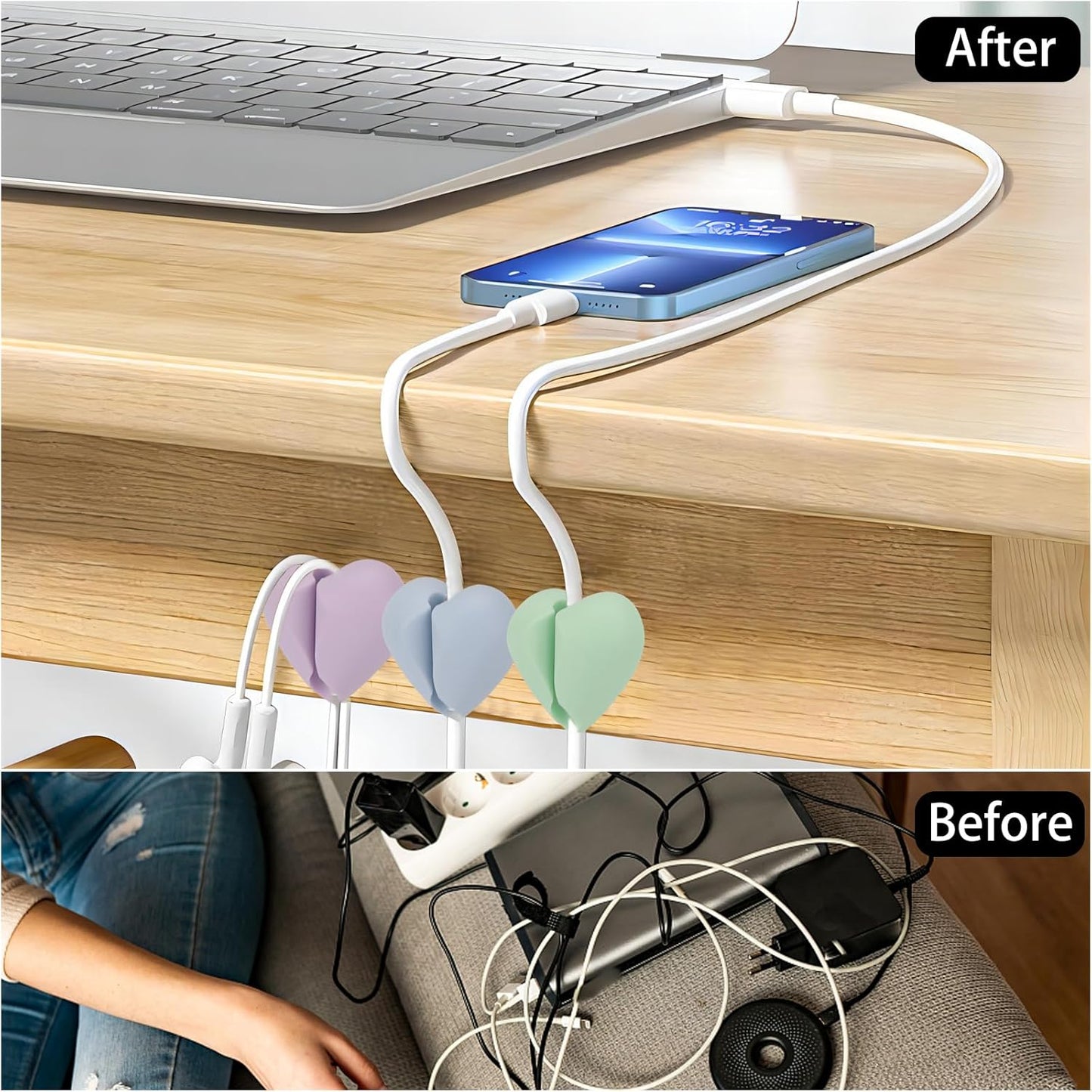 40 Pcs Cable Holder Cord Clips, Adhesive Wire Cord Holder Heart Cable Organizer Clips for Desk, Home, Office, Car, Nightstand (Pink Blue Green Purple)