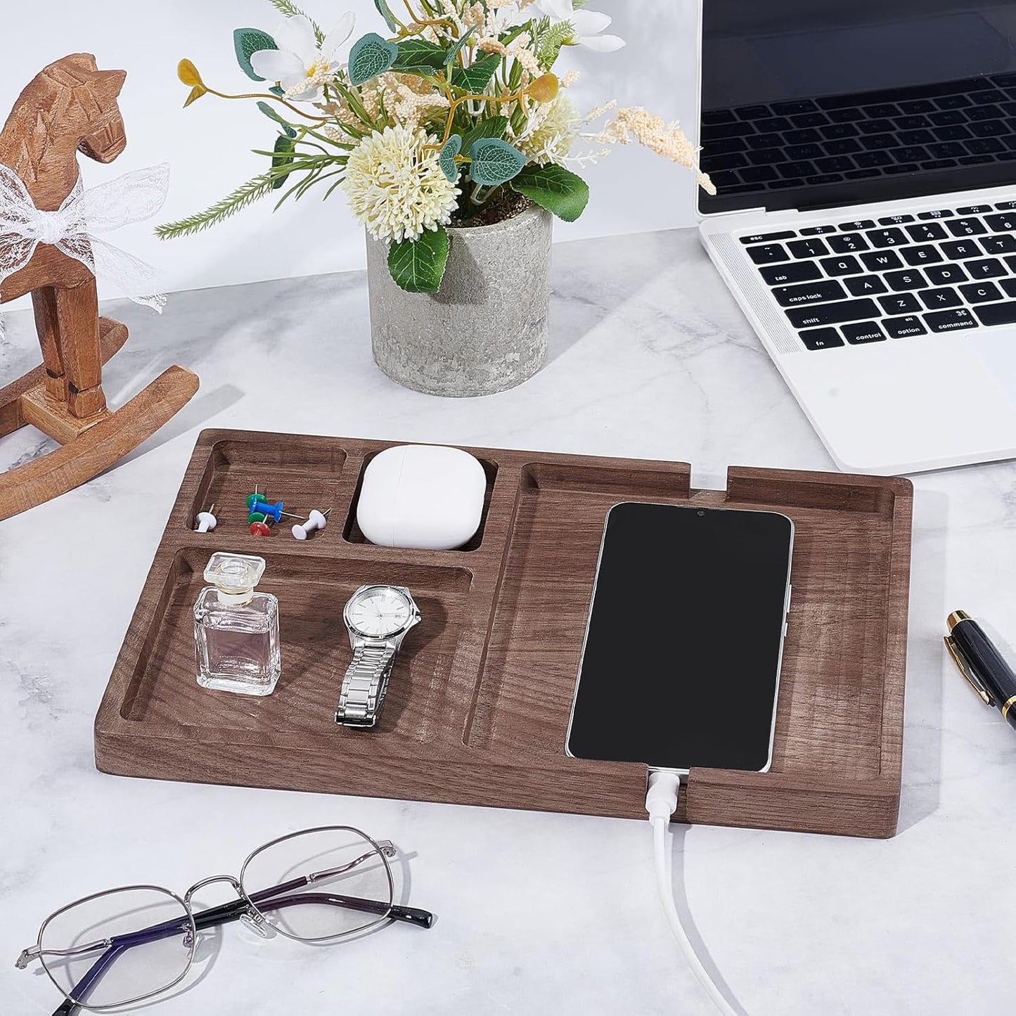 4 Piece Wooden Desk Organizer Tray With Pen Holder, Walnut Wood Pencil Holder, Minimalist Desk Accessories, Mens Valet Tray Office Supplies, Stationery Pen Key Wallet Catchall Trays