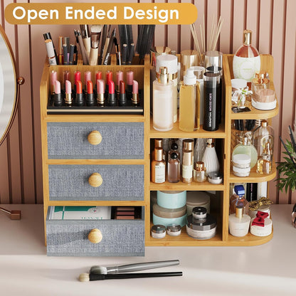 Large Makeup Organizer For Vanity, Large Capacity 3 Tiers Bamboo Bathroom Counter Organizers and Storage, Countertop Makeup Brush Holder, Nail Polish Perfume Stand with 3 Drawers and 10 Compartments