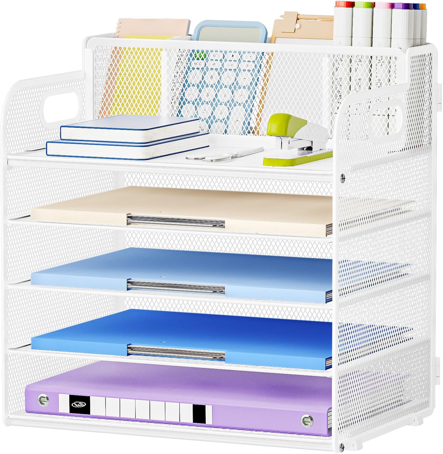 Marbrasse 5-Tier Letter Tray Paper Organizer with Handle, Multi-Functional Mesh File Organizer for Desk, Adjustable Compartments Mesh Desktop Storage for Office Supplies,Black