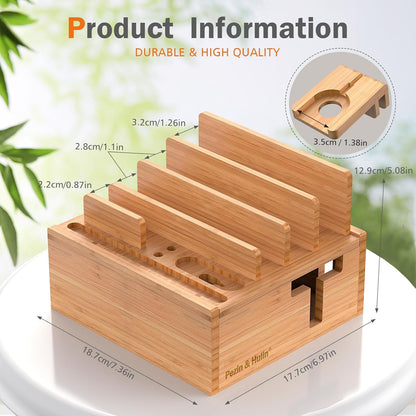Bamboo Charging Station for Multiple Devices with 5 Port USB Charger, 5 Charger Cables and Smart Watch Stand. Wood Desktop Dock Stations Electronic Organizer for Cell Phone, Tablet, Watch, Office