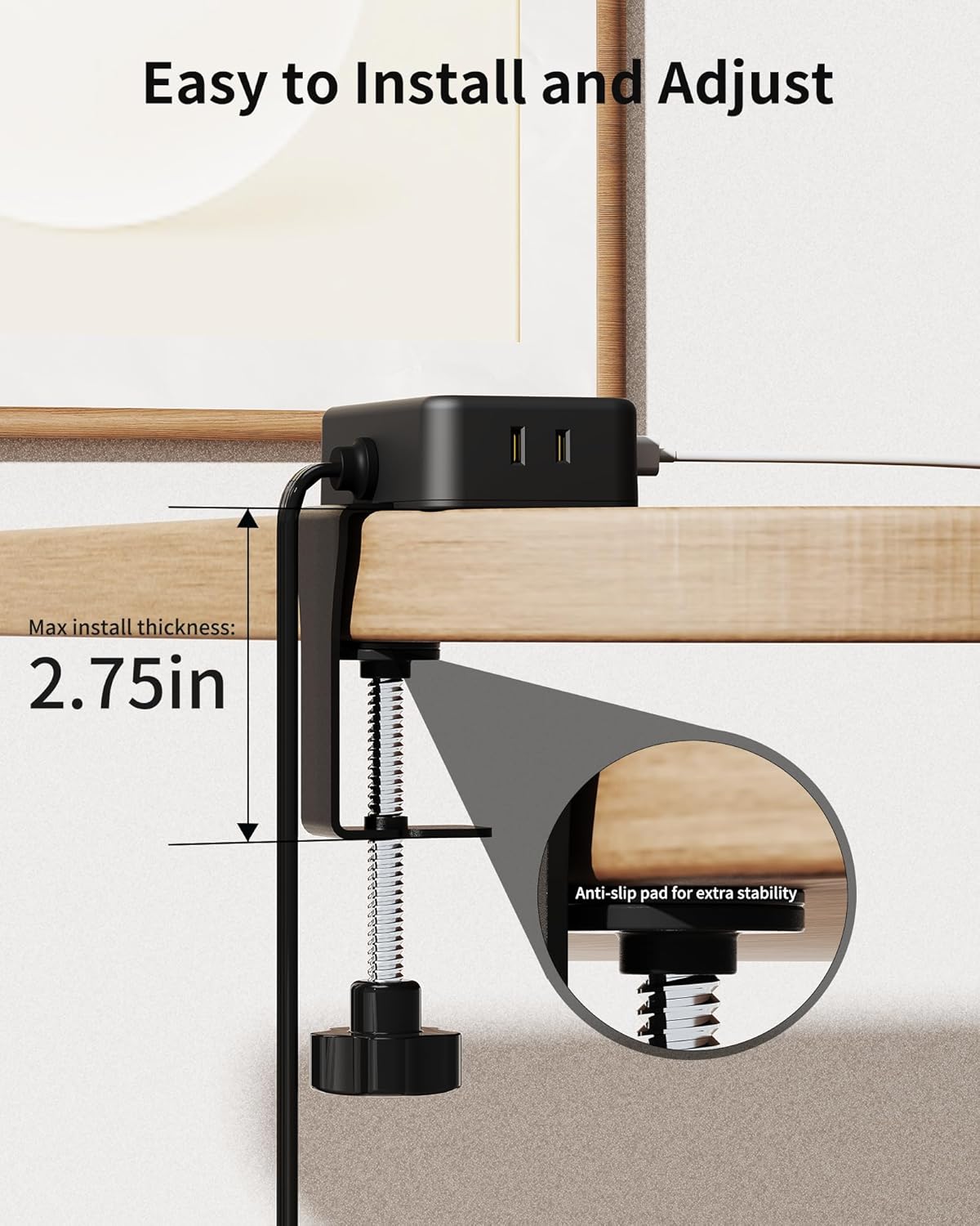 HOPOW Desk Clamp Power Strip, Desktop Mount Charging Station with 4 Outlets 4 USB Ports (2 USB C), 10Ft Under Desk Power Strip, Fits 2.75" Tabletop Edge, Extension Cord for Home Office, Black