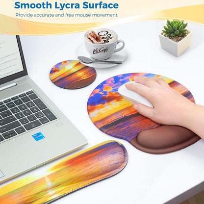 Mouse Pad and Keyboard Wrist Rest Support, with Non-Slip PU Base,Gel Mouse Pad with Coaster,Pain Relief for Gaming, Computer,Office -Beach
