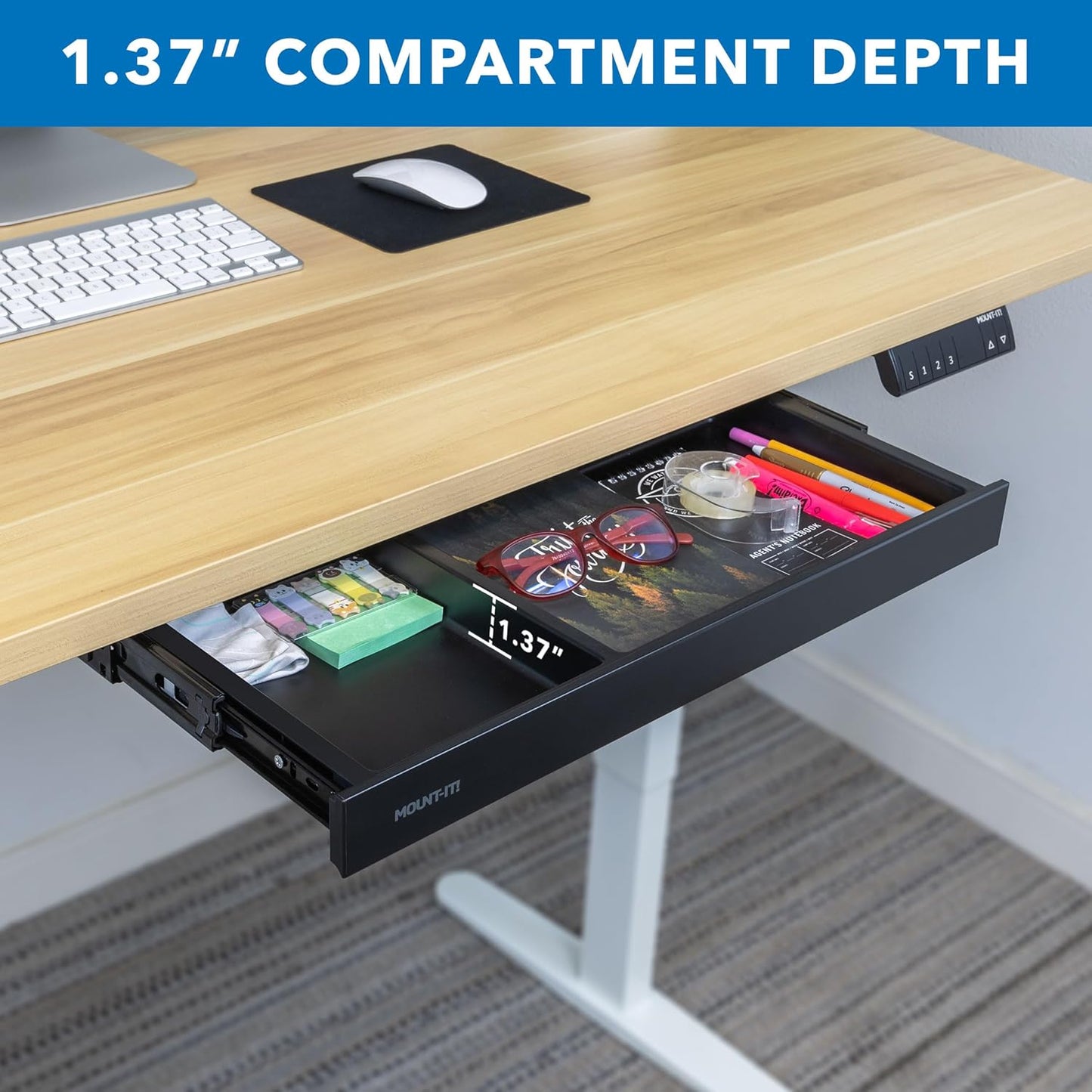 Mount-It! Under Desk Drawer Organizer with 2 Compartments, Shallow Low-Profile Slide-Out Desk Tray, 20.7″ x 8.9″ x 1.8″, Pull-Out Pencil Drawer for Traditional & Standing Desks - Black