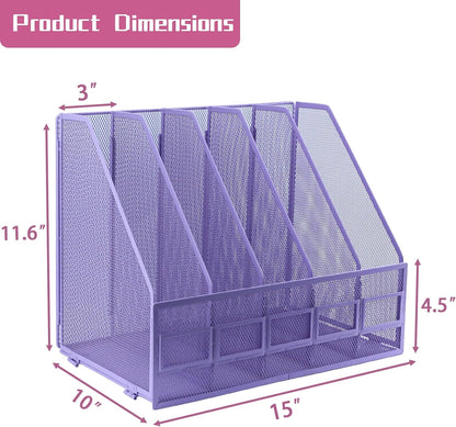 Desk Organizers, Metal Magazine File Holder with 5 Vertical Compartments Rack Binder File Organizer for Office Supplies, Home Workspace - Black
