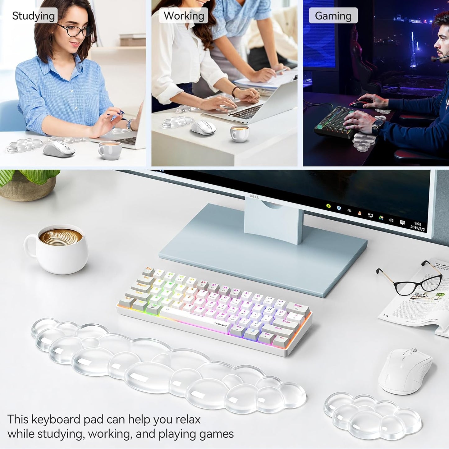 TECKNET Cloud Keyboard Wrist Rest Set, Cloud Wrist Rest with Non-Slip Base, PU Leather Wrist Pad for Keyboard with Ergonomic Memory Foam for Computer Laptop Office Gaming and Pain Relief, White