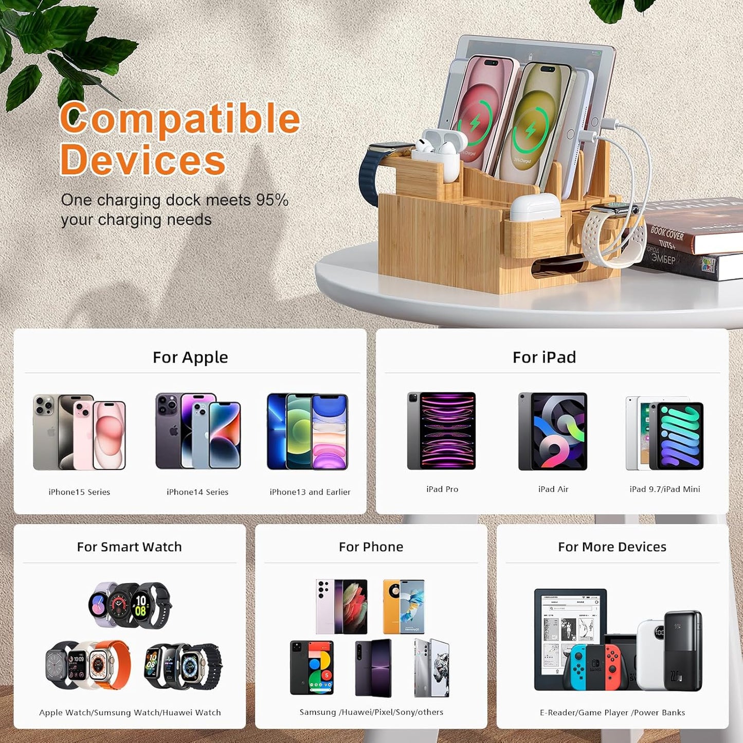 Pezin & Hulin Multiple USB Charging Station, Wooden Bamboo Dock Station for Cell Phones, Tablets, Earpods and Smart Watch, Including Power Charger HUB, 5 Cables -Natural Bamboo
