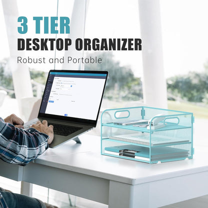 DALTACK 3 Tier Paper Organizer with Handle, Mesh Metal Desk Organizer with Sliding Paper Trays for Letter/A4 Paper, Mail, Bills & Folders, Black