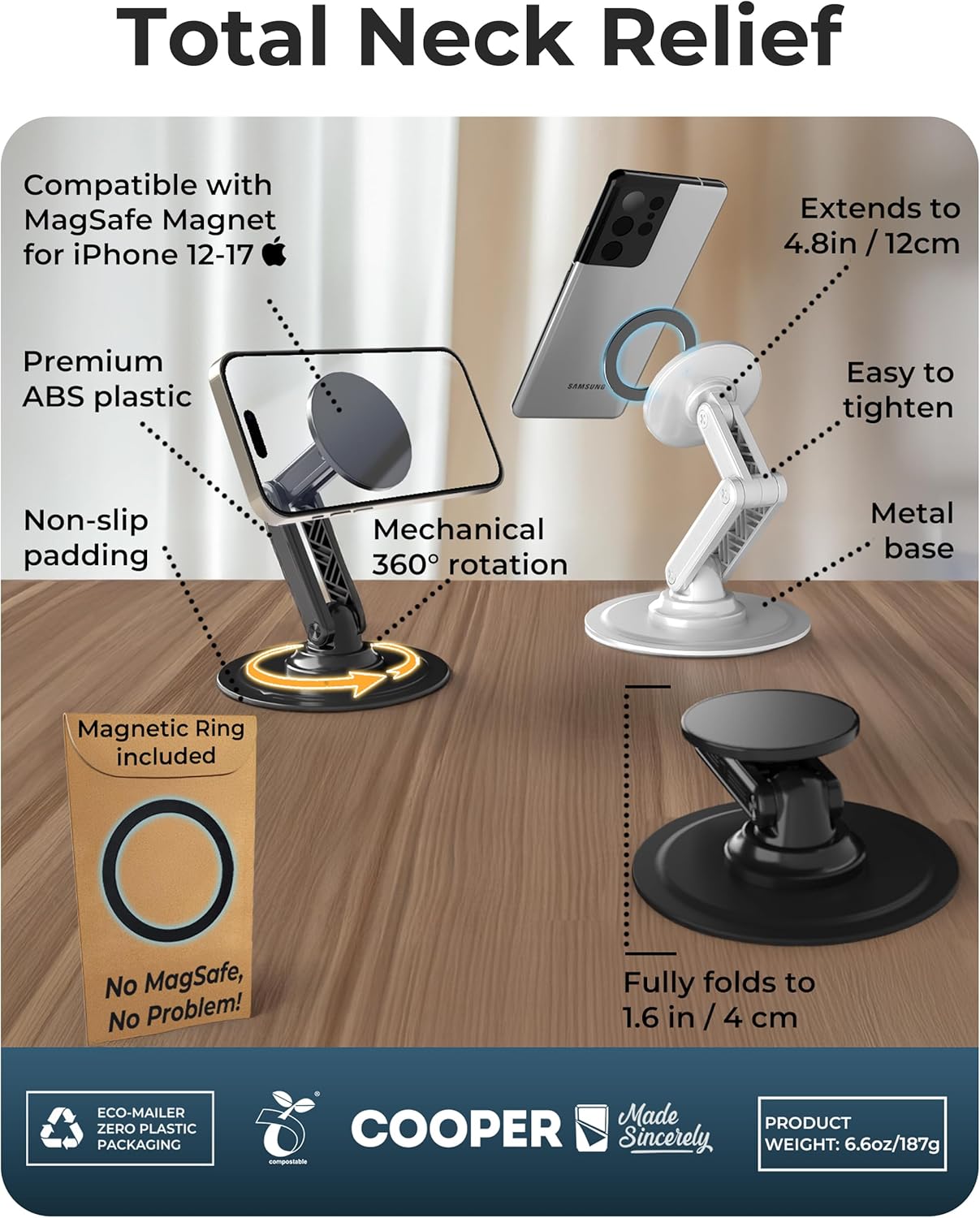 COOPER Mag360, Desktop MagSafe Stand for iPhone 17 Pro Max (16/15/14/13/12), Magnetic Phone Holder for Desk, 360° Rotating, Height Adjustable, Magnetic Phone Stand for Desk, with Metal Ring (Black)