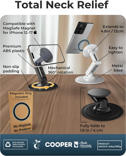 COOPER Mag360, Desktop MagSafe Stand for iPhone 17 Pro Max (16/15/14/13/12), Magnetic Phone Holder for Desk, 360° Rotating, Height Adjustable, Magnetic Phone Stand for Desk, with Metal Ring (Black)