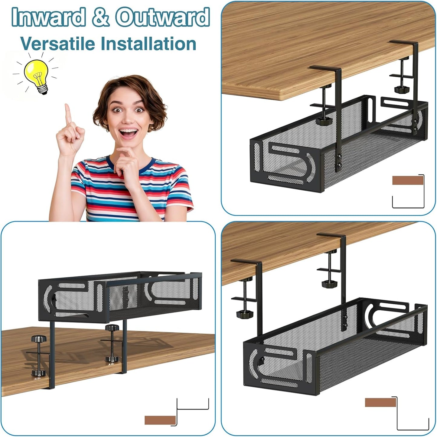 No Drill Under Desk Cable Management Tray, SONATURE 15.7" Cord Organizer for Table, Clamp Mount Desk Cable Management, Premium Carbon Steel Cable Organizer for Office, Home (Black)