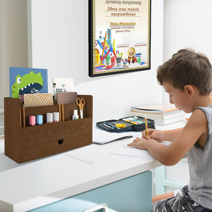 Bamboo Mail Organizer Countertop Desktop with Drawer - Desk Organizer with File Organizer for Office Supplies All-in-One Desk File Organization with Pencil Holder for Paper Letter Envelope Bill