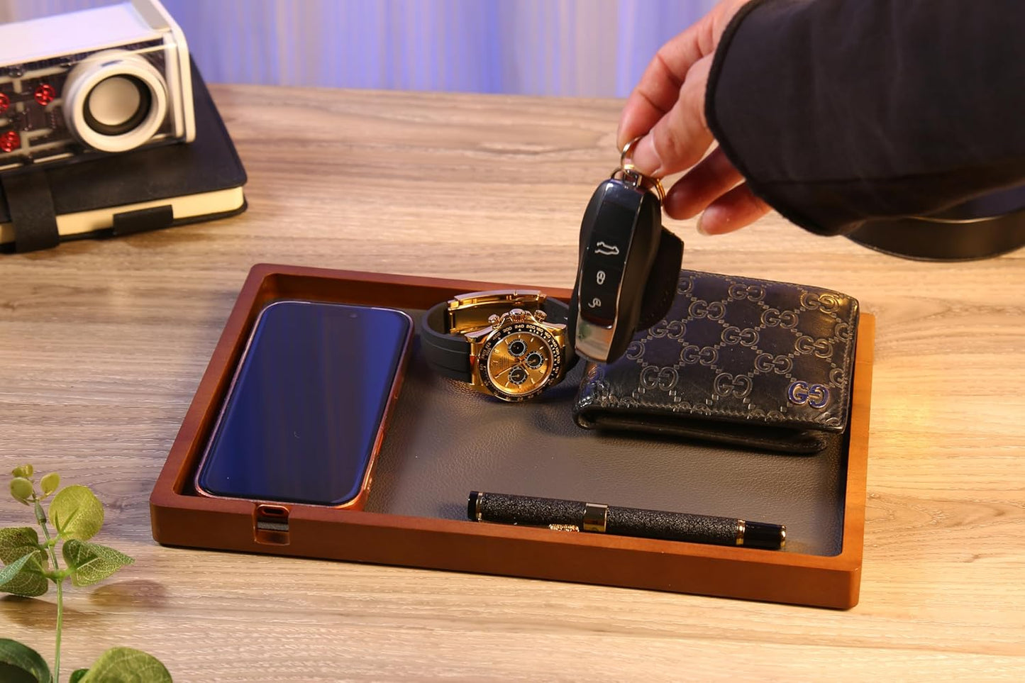 Shinpuru Wooden Valet Tray for Men, Nightstand Organizer with Leather Inlay, EDC Essentials Catchall Tray for Keys, Phone, Wallet, Watch, Earbuds - Bedside Desk Entryway Tray (Wood)