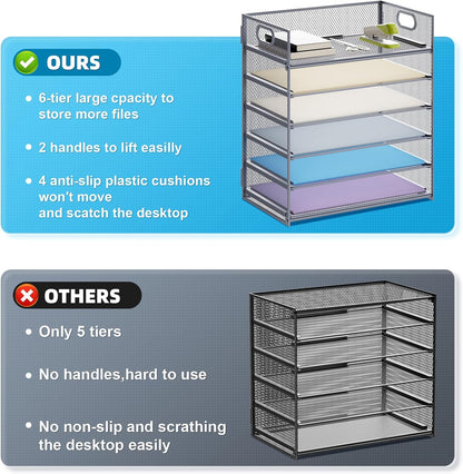 Marbrasse 6 Tier Paper Organizer Letter Tray - Mesh Desk File Organizer with Handle, Paper Sorter Organizer for Letter/A4 Office File Folder Holder - Black
