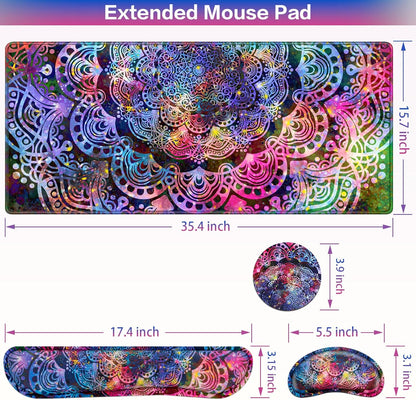 Desk Mat, Large Gaming Mouse Pad with Wrist Rest, 4in1 XXL Mousepad+Keyboard Wrist Rest+Mouse Pad Wrist Support+Cup Coaster Set Ergonomic Floral Computer Desk Arm Wrist for Decor Home Office Women