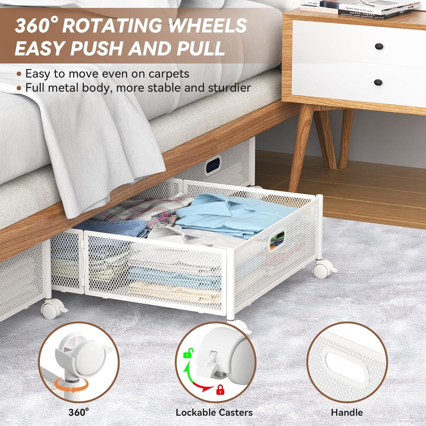 PHINOX Under Bed Storage Containers with Wheels, Under Bed Shoe Storage Organizer Drawer, Tool-free Assembly Metal Storage Containers for Bedroom Clothes Shoes Blankets -2PCK