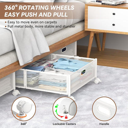 PHINOX Under Bed Storage Containers with Wheels, Under Bed Shoe Storage Organizer Drawer, Tool-free Assembly Metal Storage Containers for Bedroom Clothes Shoes Blankets -2PCK