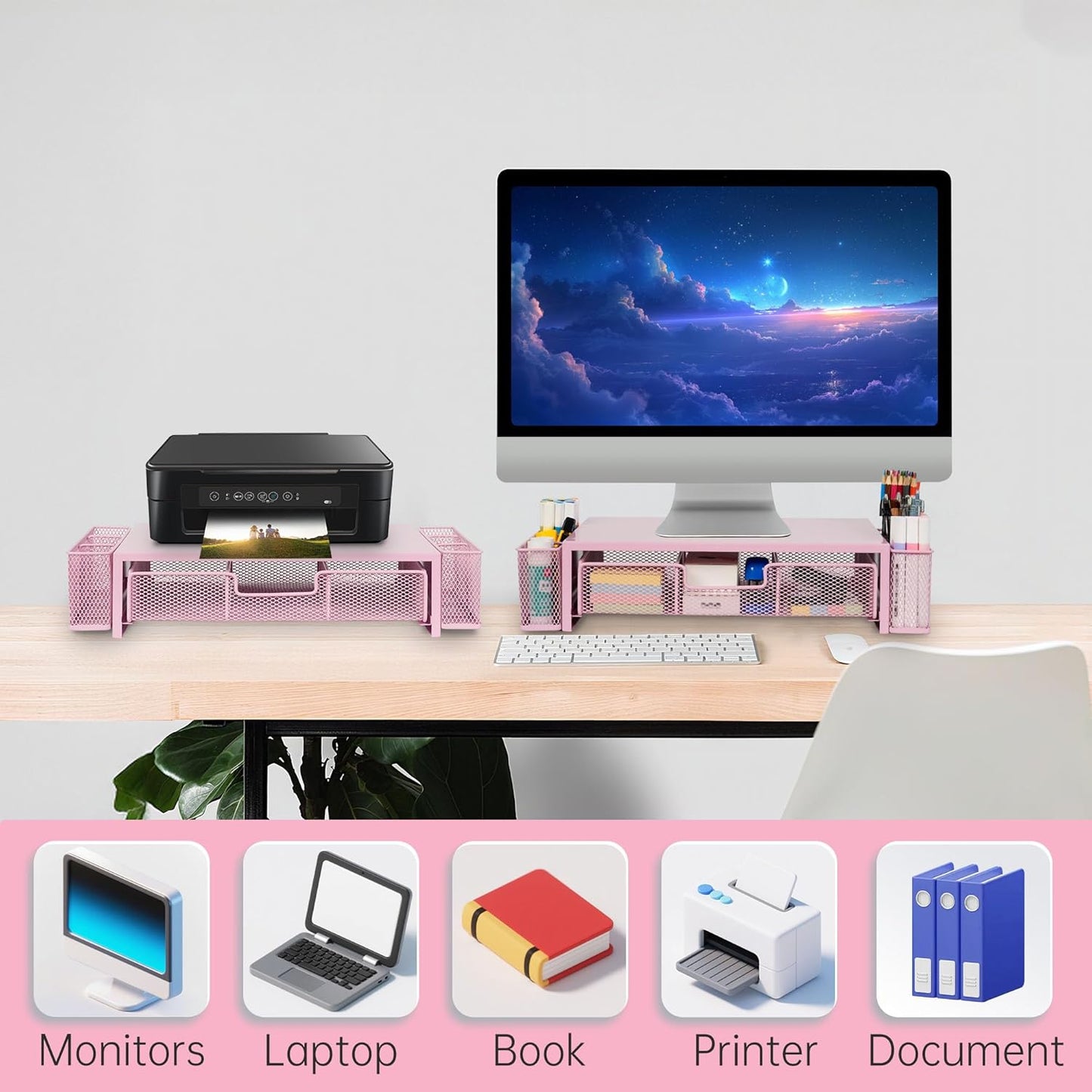 Qupui Computer Monitor Stand Riser with Drawer and Pen Holders, Desk Organizer Shelf and Accessories, Office Desk Accessories, Office Organization, Black