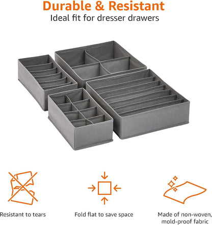 Amazon Basics Collapsible Cloth Drawer Organizer Boxes for Socks, Underwear and Baby Clothes, Storage Bins, Gray, Set of 6