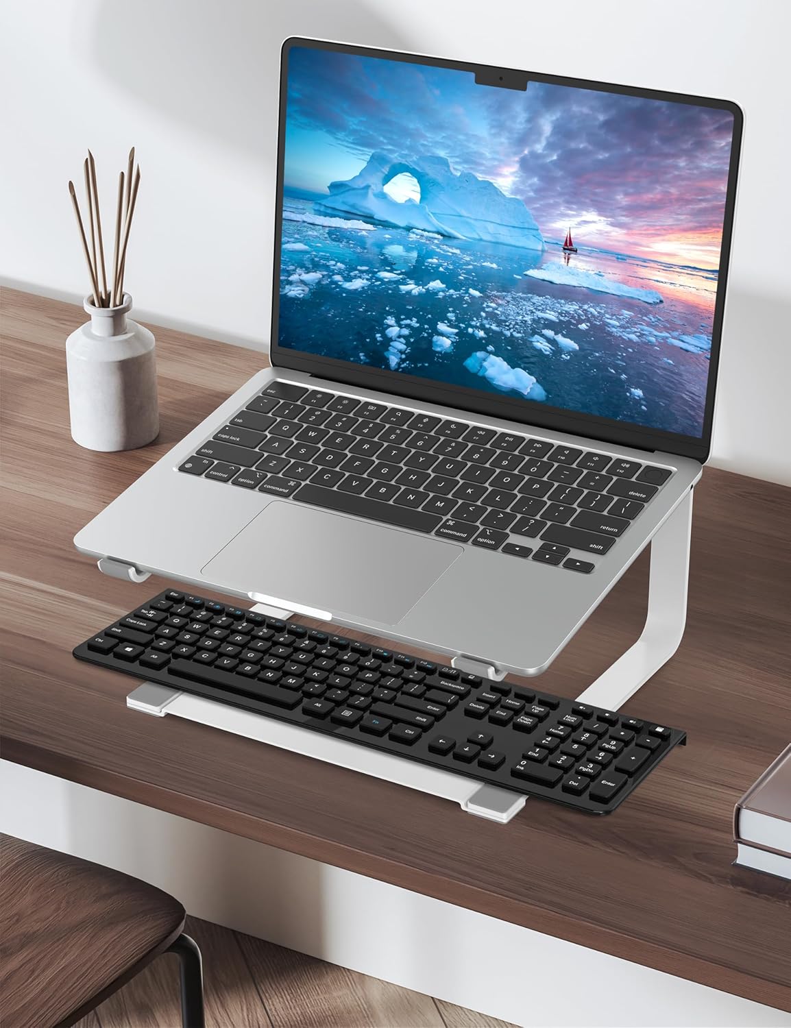 SOUNDANCE Laptop Stand for Desk, Ergonomic Metal Computer Riser for 12-17.3 Inch Laptops, Heavy Duty Stable Desktop Holder, Improves Eye Level & Workspace Organization, Silver