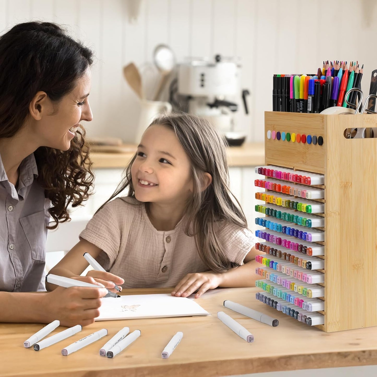 Marker Organizer for Desk - 154 Capacity Wooden Marker Holder - Ergonomic Handles - Additional Art Supply Storage Rack for 130 Alcohol Markers, Pens, and Pencils - Desktop Stand for Markers - Bamboo