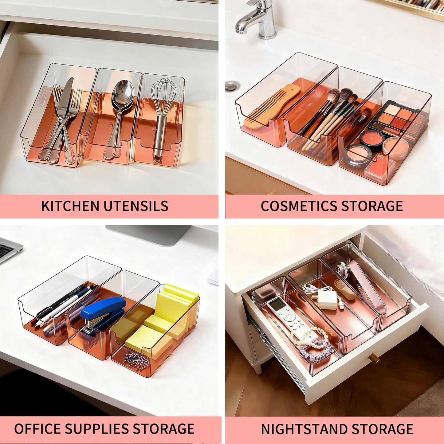 3pcs Plastic Drawer Organizer, 3 Sizes Desk Drawer Divider Organizers and Containers for Makeup, Jewerly, Kitchen drawer organizers, Bedroom, Bathroom, Office supply for storage (Gold)
