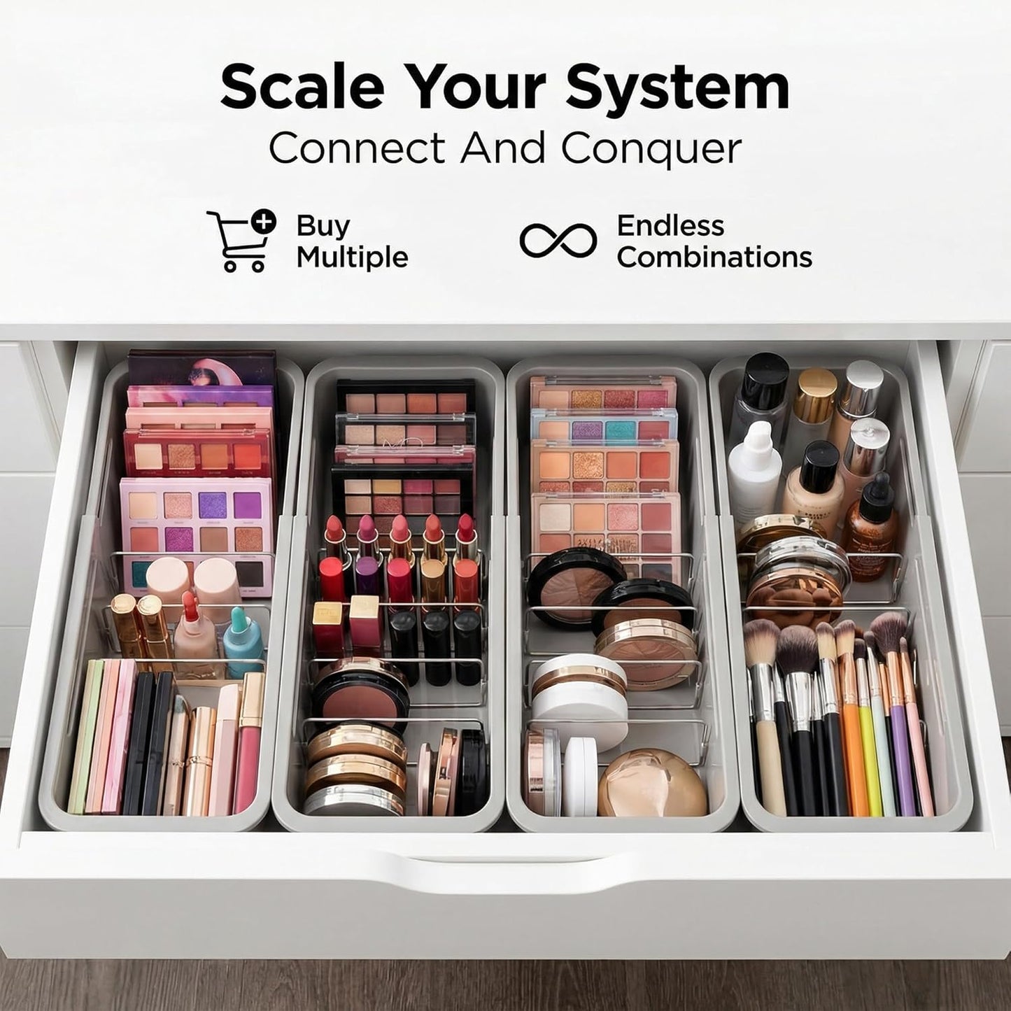 Li&Zhao Drawer Organizer- Adjustable Storage Bins with 5 Dividers, Gray Clear Drawer Organizer for Kitchen, Bedroom, and Office, Expandable clear organizer bins for Makeup, Utensils, and Gadgets
