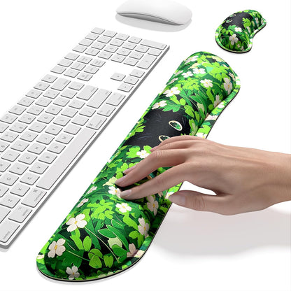 Dapesuom Enlarge Keyboard Wrist Rest, Memory Foam Wrist Cushion for Desk Mats Support, Cute Pain Relief Keyboard Mouse Pad Rests Set with Non-Slip Base for Gaming Laptop Office Computer, Green Leaf