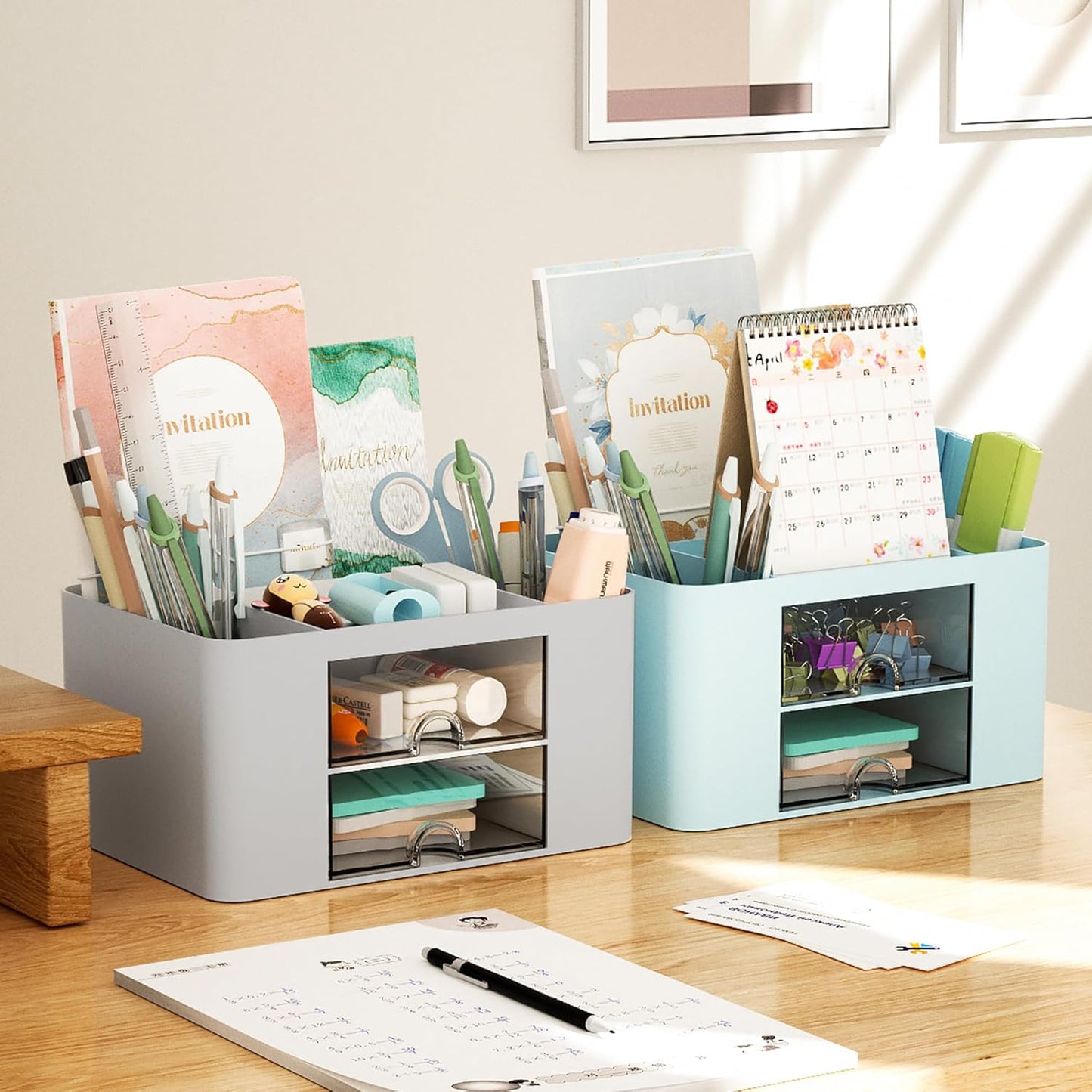 Marbrasse Pen Organizer with 2 Drawer, Multi-Functional Pencil Holder for Desk, Desk Organizers and Accessories with 5 Compartments + Drawer for Office Art Supplies (White)
