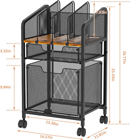 Tiaoheka Rolling File Cabinet with Adjustable Dividers, Vertical Filing Cabinet with Storage Drawer on Lockable Wheels, Hanging File Organizer Beside Under Desk for Office, Home（Patent Pending）