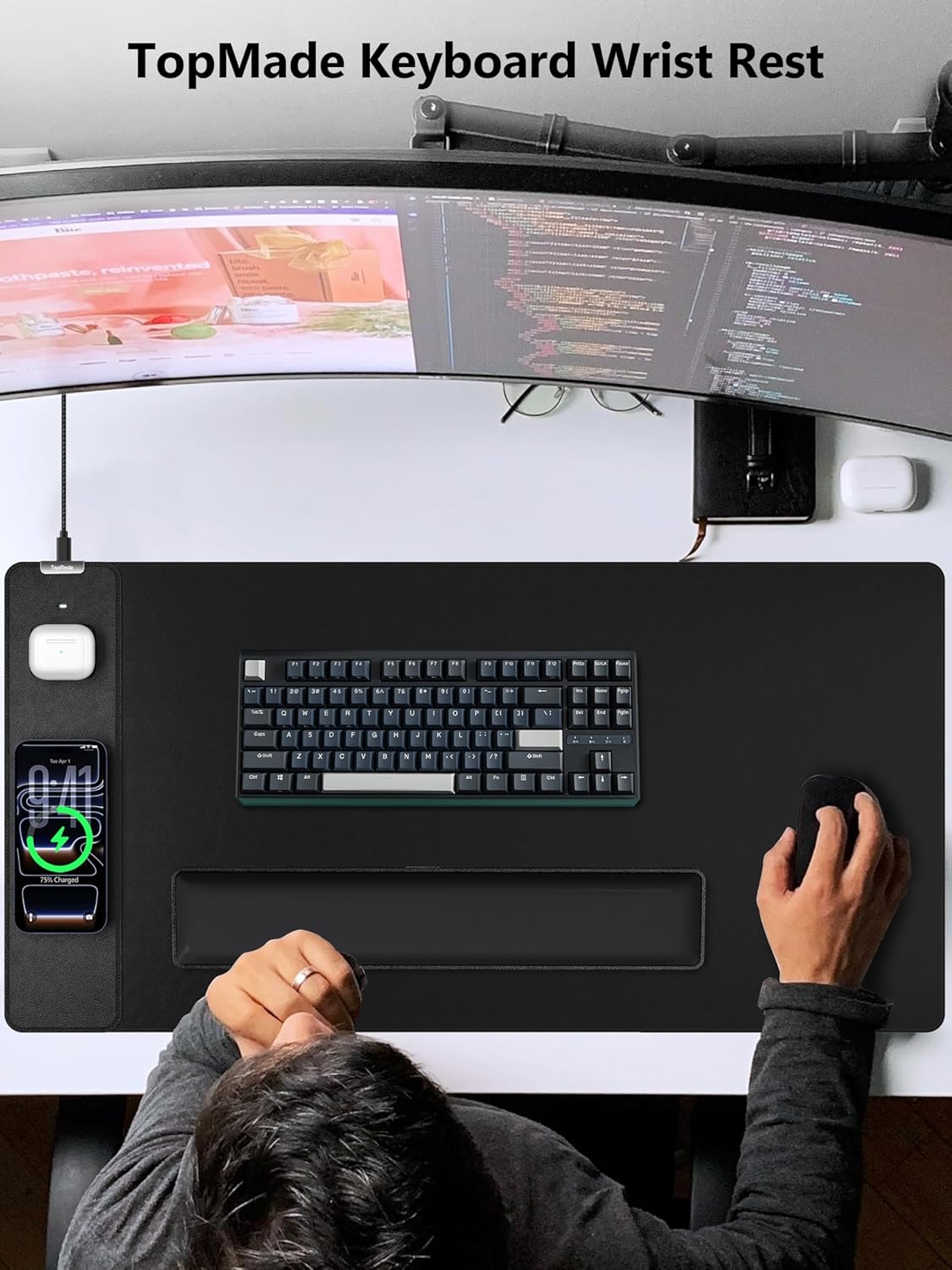 TopMade Upgraded Wider Wrist Rest Set, Soft Memory Foam Keyboard Hand Rest Pad, Computer Ergonomic Keyboard Mouse Wrist Support for Typing Pain Relief, Comfort for Office, Gaming, Study, Black