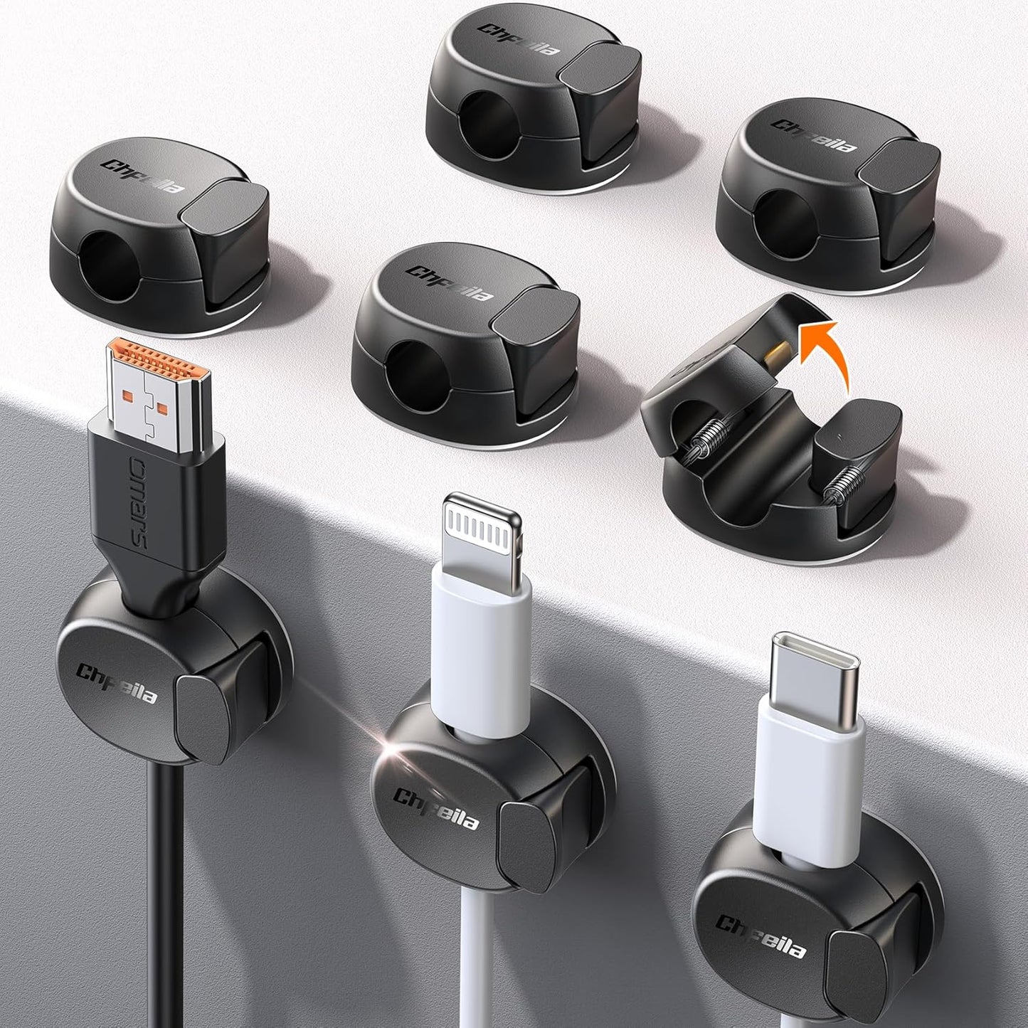 8Pack Cord Organizer [Dual Spring & Clasp, Max Secure] Cable Clips - Chfeila Cable Management, Adhesive Phone Charging Wire Holder for Nightstand/Wall, Home Office Desk Accessories Decor Essentials