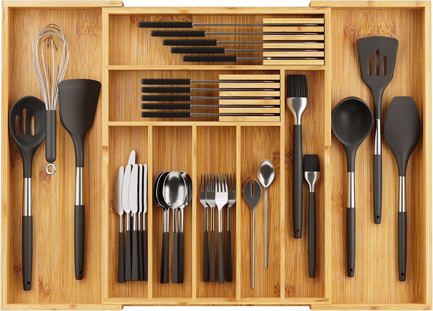 BAMEOS drawer organizer flatware organizer cutlery tray silverware organizer expandable adjustable bamboo drawer organizer kitchen bathroom