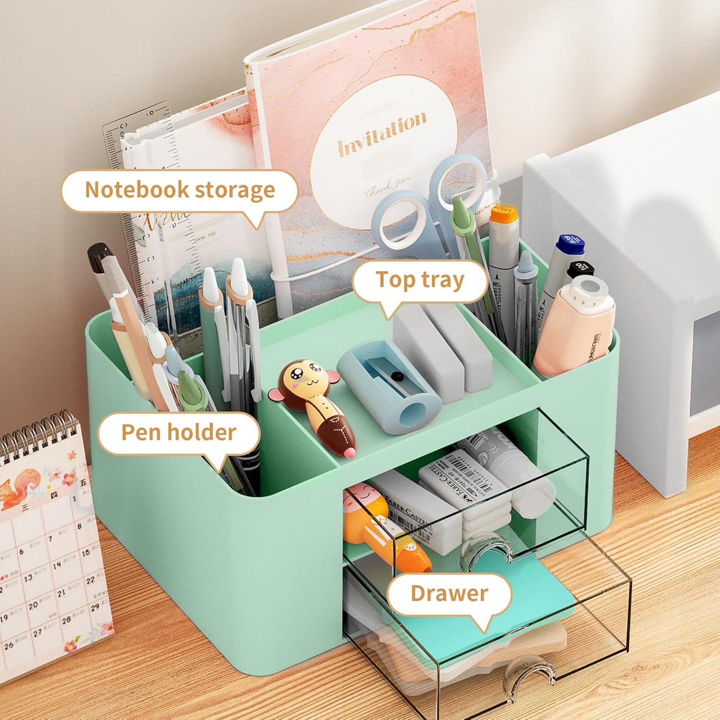 Marbrasse Pen Organizer with 2 Drawer, Multi-Functional Pencil Holder for Desk, Desk Organizers and Accessories with 5 Compartments + Drawer for Office Art Supplies (White)