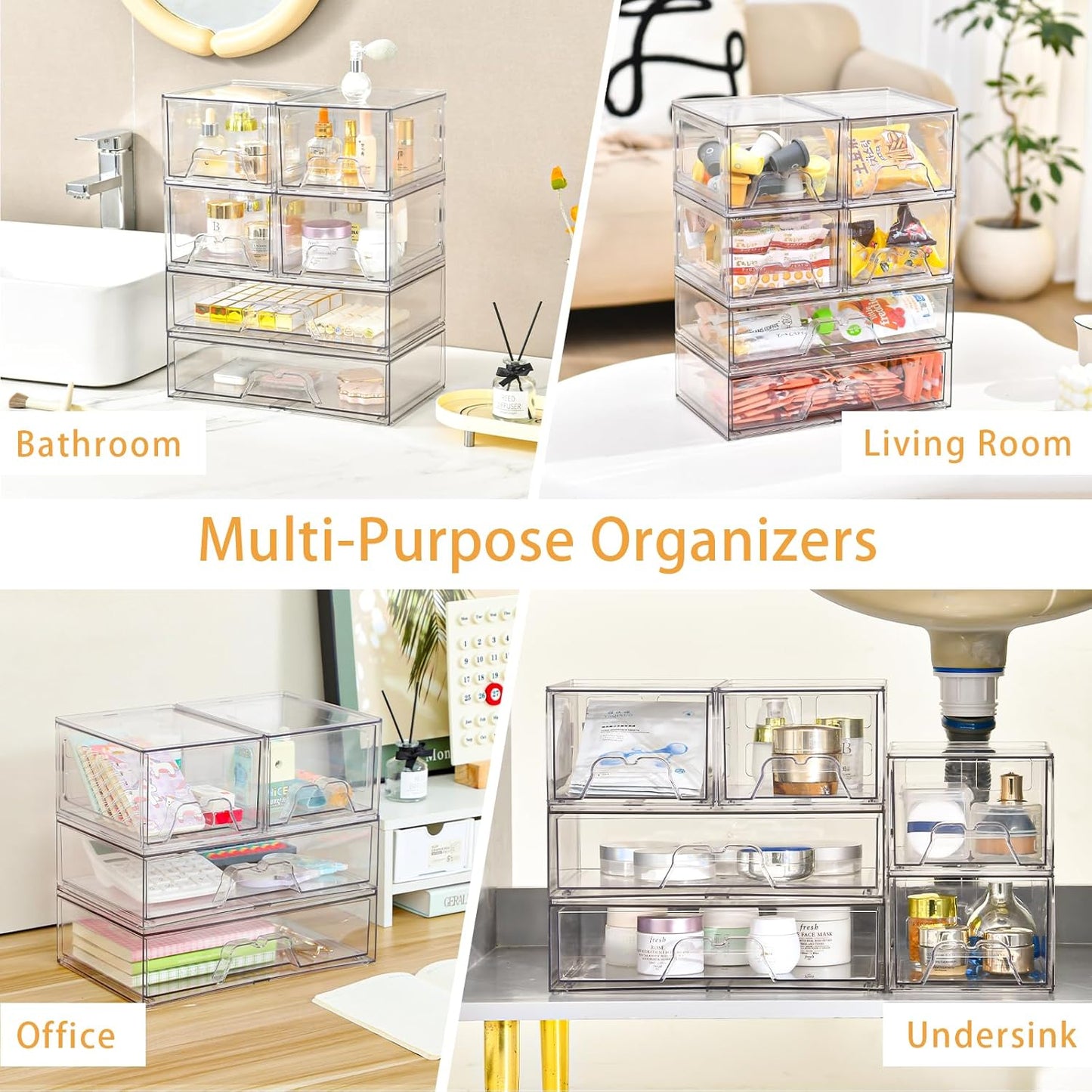 Stebopum 6 Pack Stackable Makeup Organizer, 4.4'' Tall Acrylic Bathroom Makeup Organizer and Storage Drawer with Pull-out Handle, Clear Plastic Storage Bins for Vanity,Pantry,Desk,Undersink,Kitchen